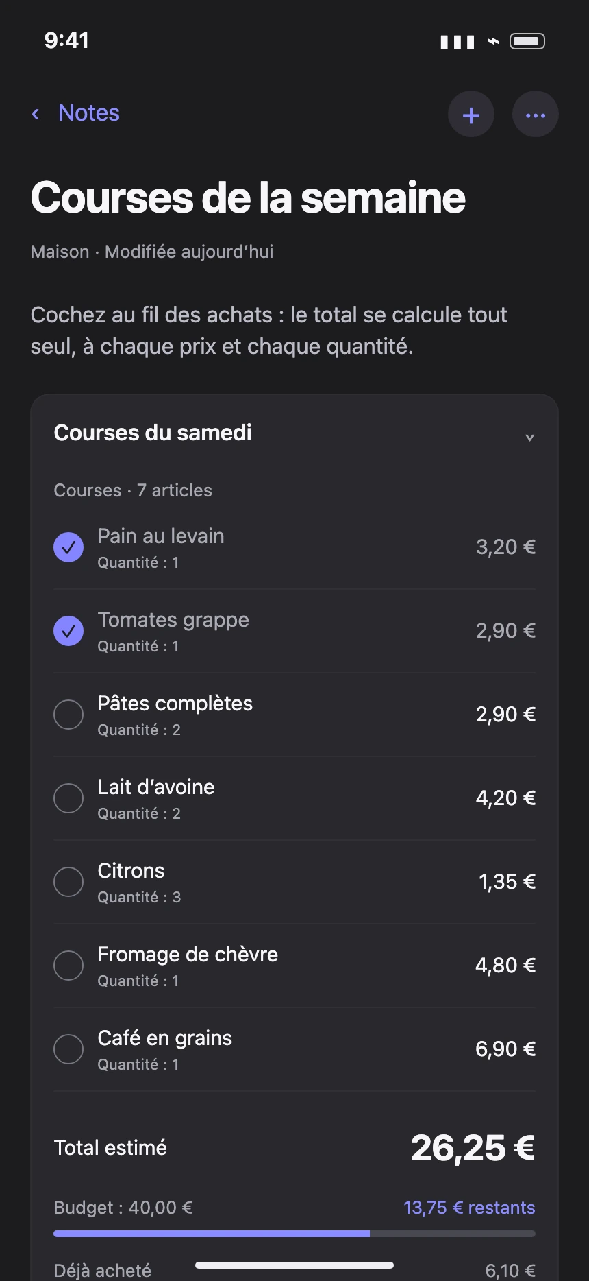 Aperçu illustré : une liste de courses dans Bloknot, avec prix et total automatique