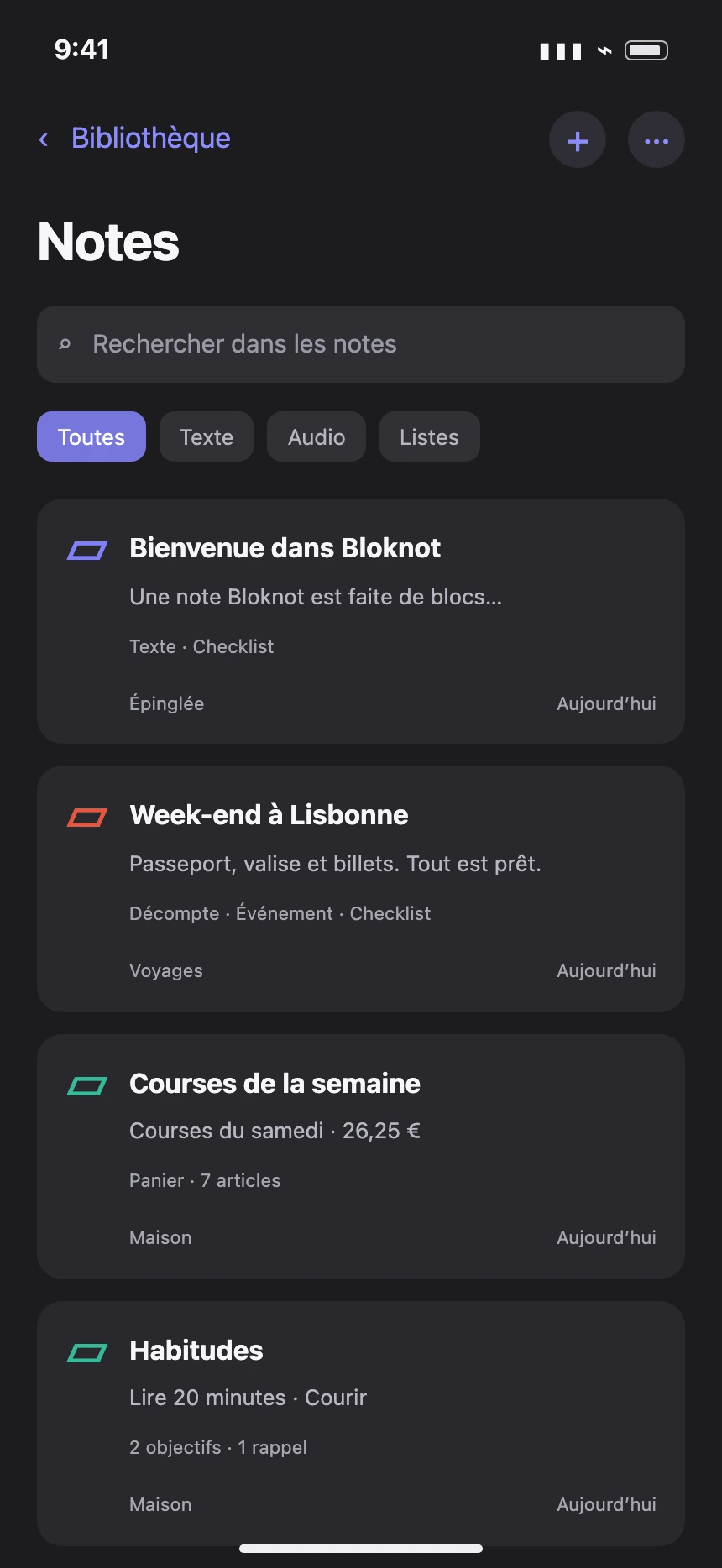 Aperçu illustré : la bibliothèque de Bloknot avec notes, dossiers et recherche